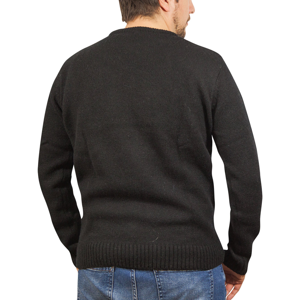 100% SHETLAND RAGG WOOL CREW Round Neck Knit JUMPER Pullover Mens Sweater Knitted - Plain Black