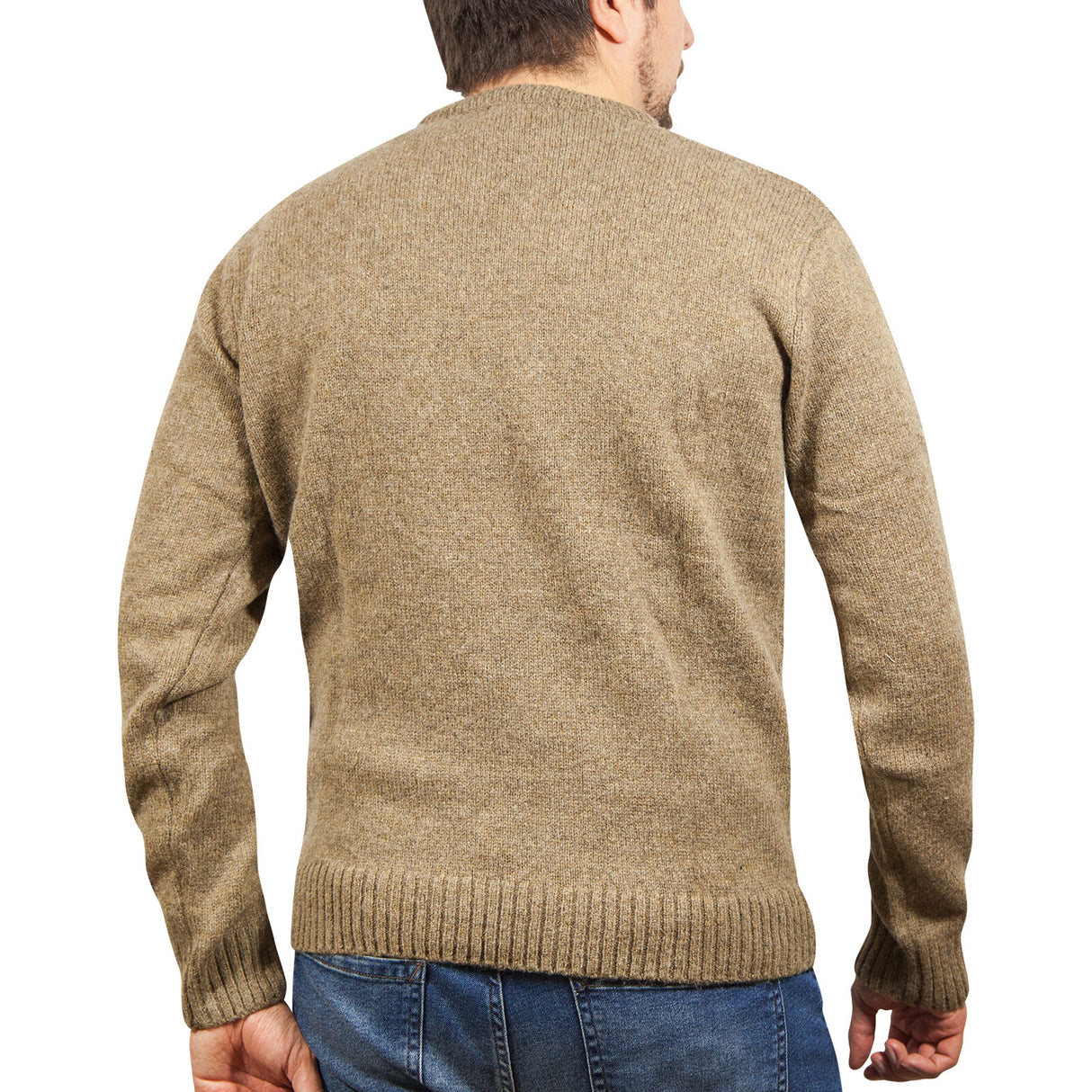 100% SHETLAND RAGG WOOL CREW Round Neck Knit JUMPER Pullover Mens Sweater Knitted - Nutmeg