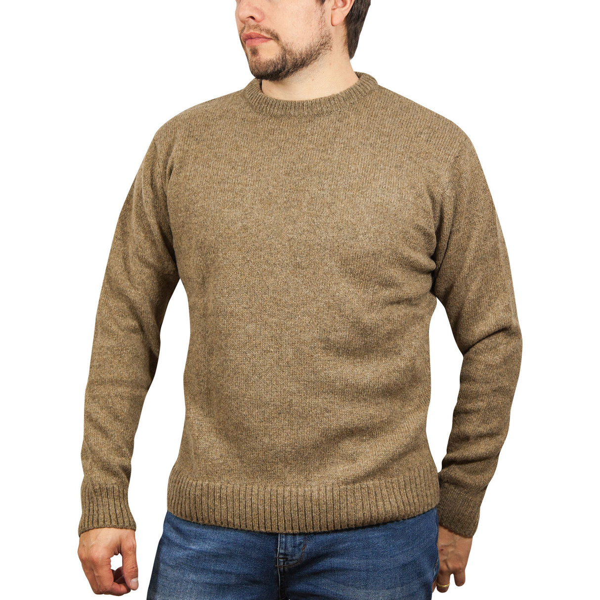 100% SHETLAND RAGG WOOL CREW Round Neck Knit JUMPER Pullover Mens Sweater Knitted - Nutmeg
