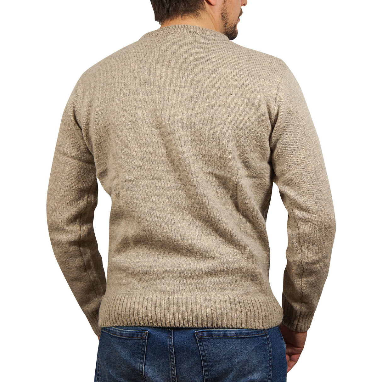100% SHETLAND RAGG WOOL CREW Round Neck Knit JUMPER Pullover Mens Sweater Knitted - Beige