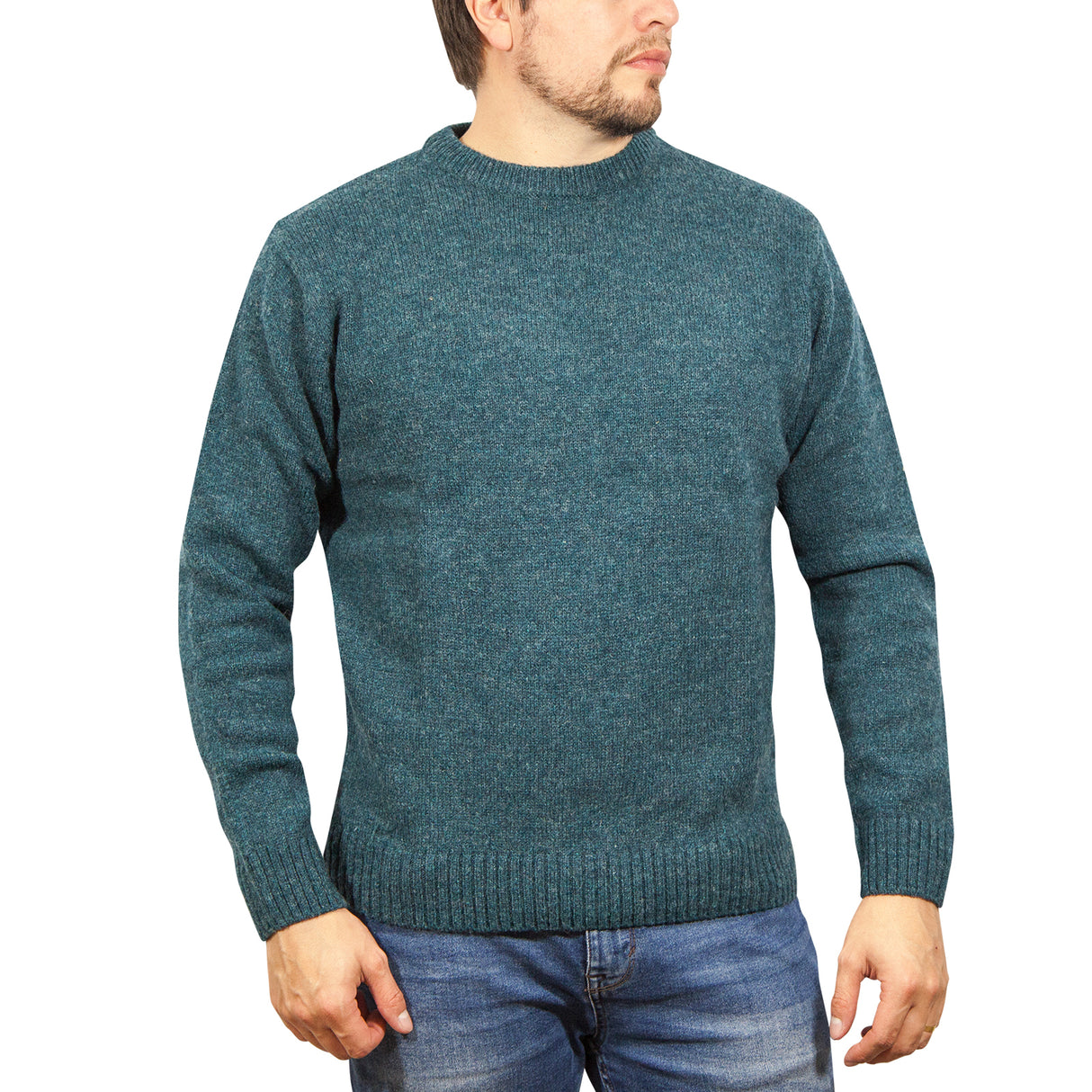 100% SHETLAND RAGG WOOL CREW Round Neck Knit JUMPER Pullover Mens Sweater Knitted - Sherwood