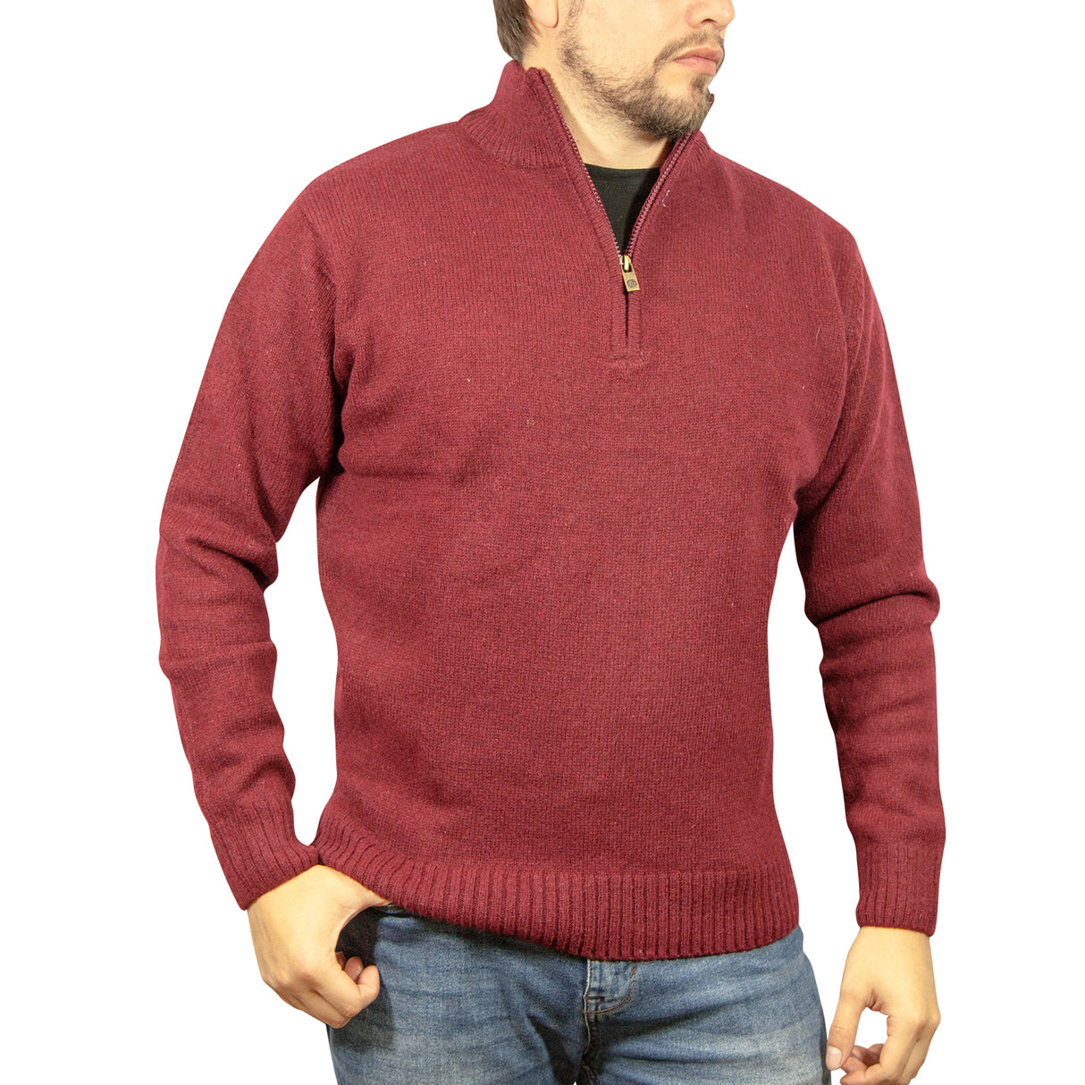 100% SHETLAND RAGG WOOL Half Zip Up Knit JUMPER Pullover Mens Sweater Knitted - Burgundy