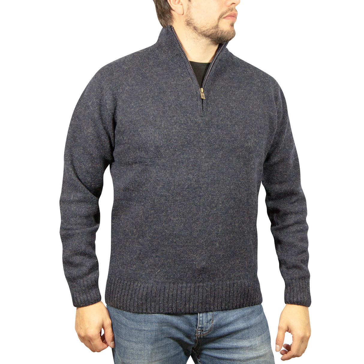 100% SHETLAND RAGG WOOL Half Zip Up Knit JUMPER Pullover Mens Sweater Knitted - Denim Blue