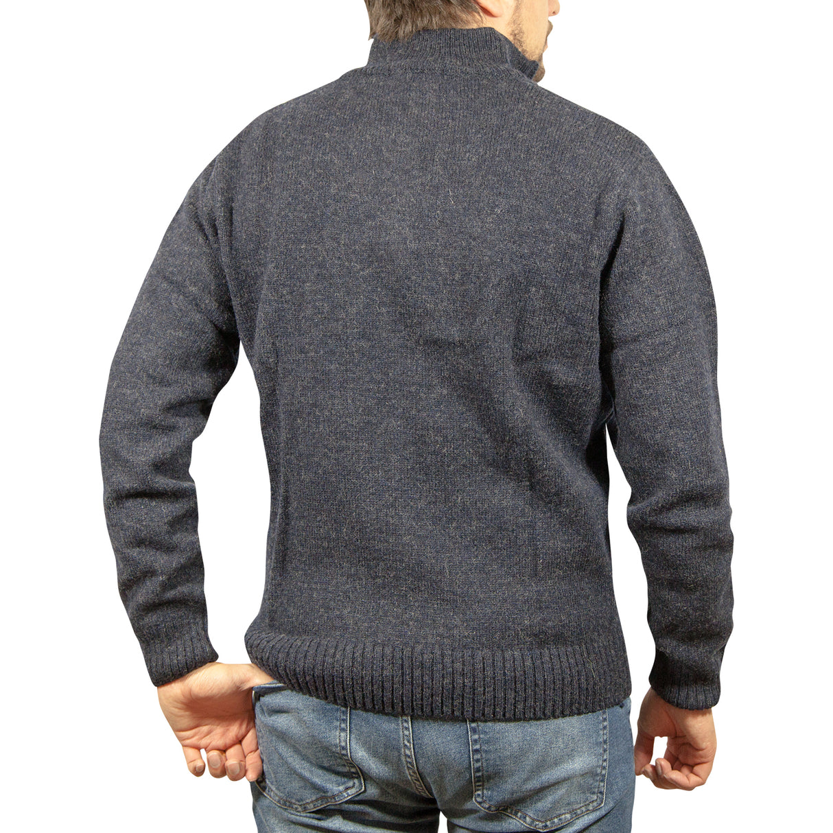 100% SHETLAND RAGG WOOL Half Zip Up Knit JUMPER Pullover Mens Sweater Knitted - Denim Blue