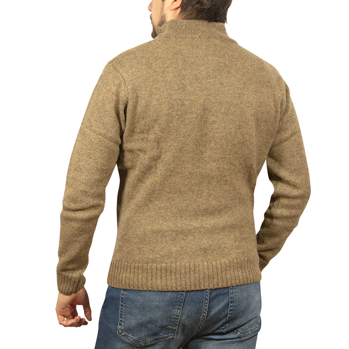 100% SHETLAND RAGG WOOL Half Zip Up Knit JUMPER Pullover Mens Sweater Knitted - Nutmeg