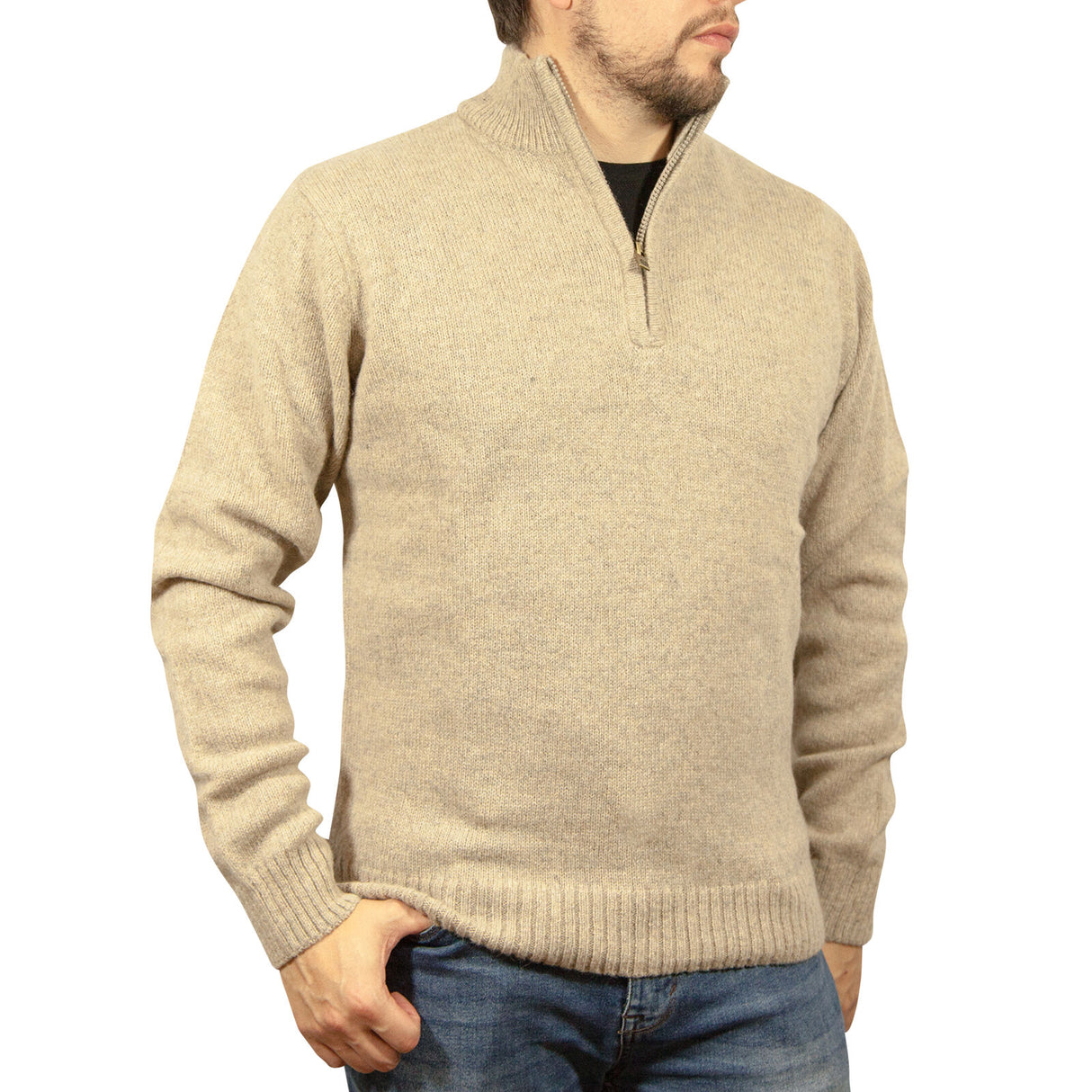 100% SHETLAND RAGG WOOL Half Zip Up Knit JUMPER Pullover Mens Sweater Knitted - Oat Marle