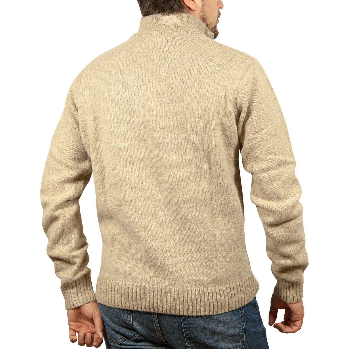 100% SHETLAND RAGG WOOL Half Zip Up Knit JUMPER Pullover Mens Sweater Knitted - Oat Marle