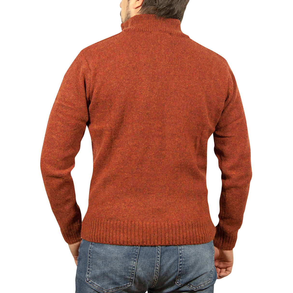 100% SHETLAND RAGG WOOL Zip Up Knit JUMPER Pullover Mens Sweater Knitted - Rust 5XL