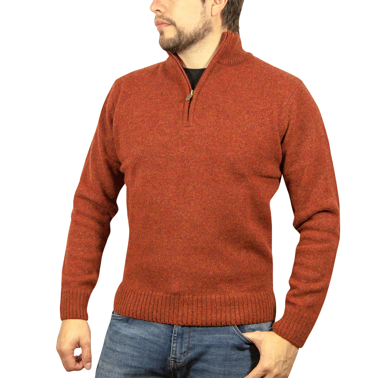 100% SHETLAND RAGG WOOL Zip Up Knit JUMPER Pullover Mens Sweater Knitted - Rust 5XL