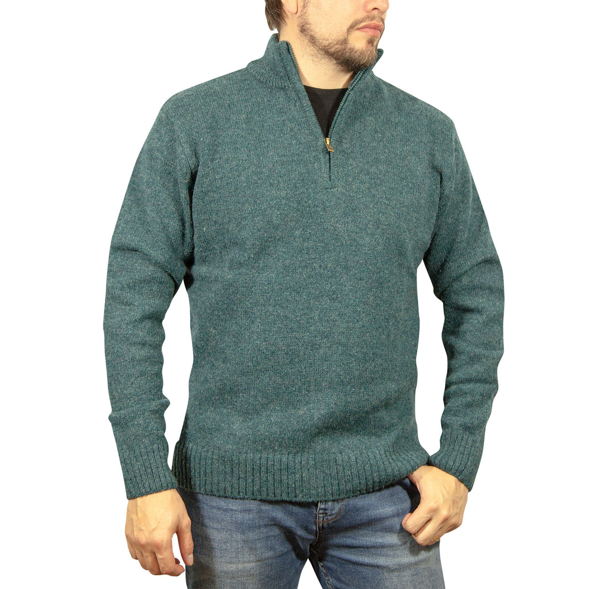100% SHETLAND RAGG WOOL Half Zip Up Knit JUMPER Pullover Mens Sweater Knitted - Sherwood