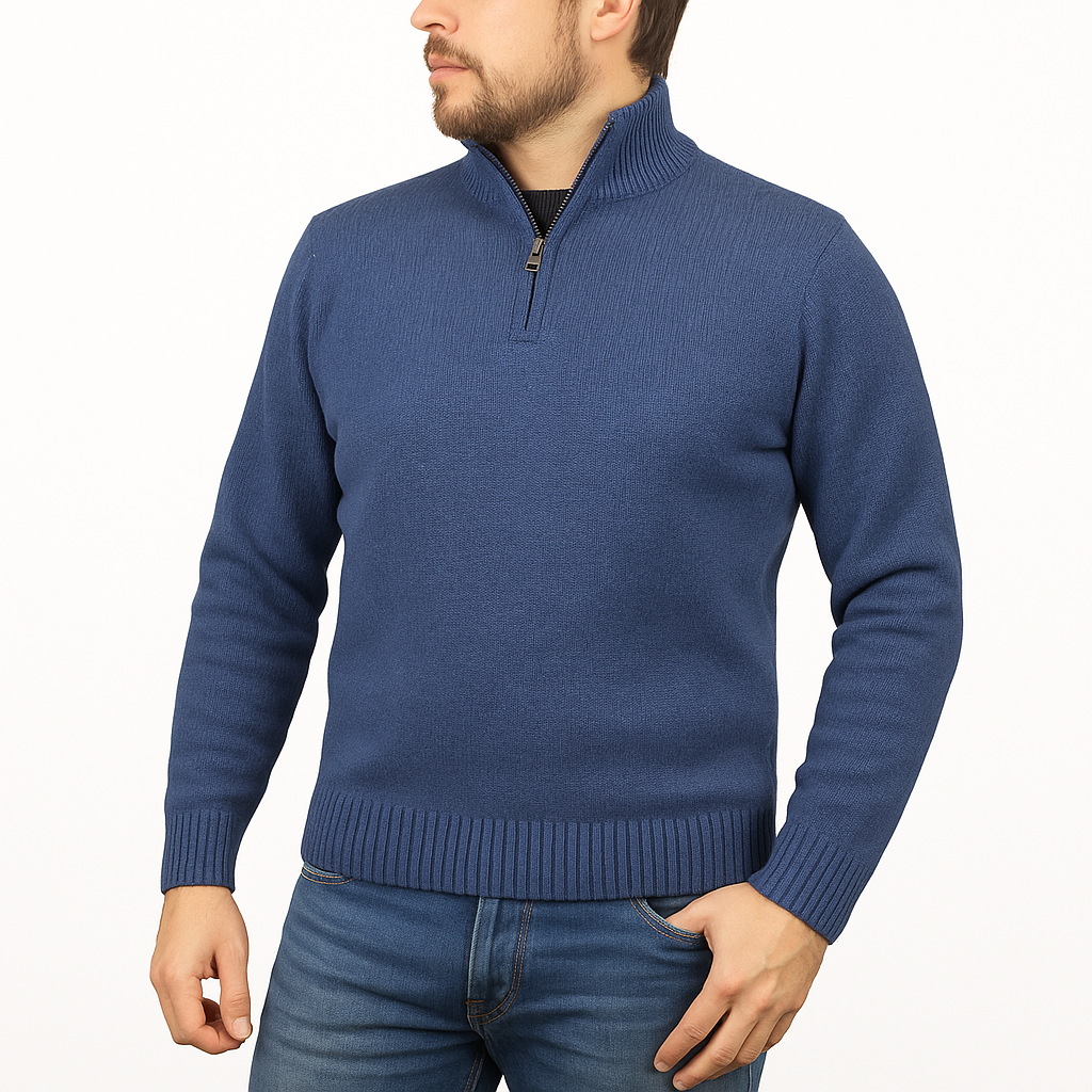 100% SHETLAND RAGG WOOL Half Zip Up Knit JUMPER Pullover Mens Sweater Knitted - Sky (40)