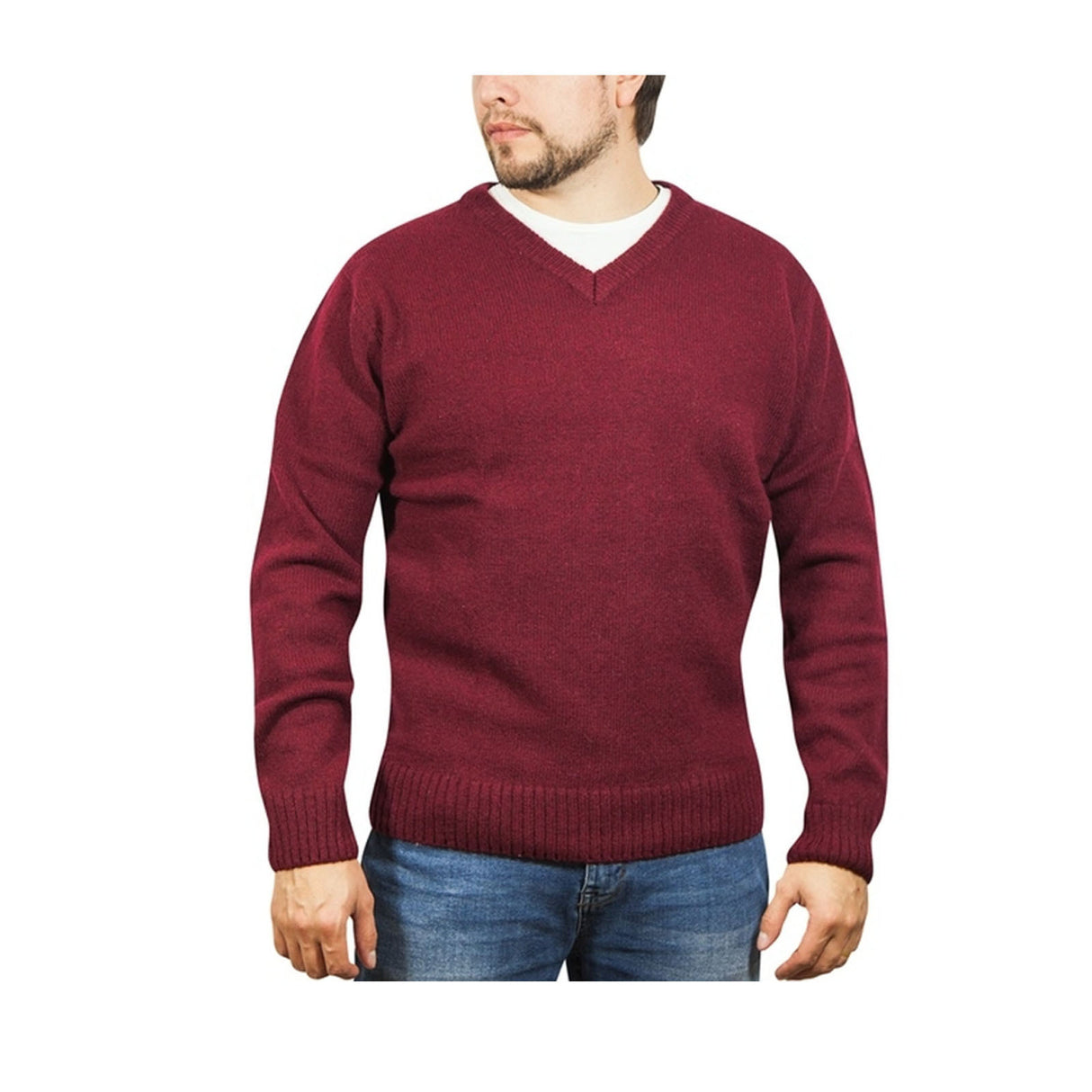 100% Shetland Ragg Wool V Neck Knit Jumper Pullover Mens Sweater Knitted - Burgundy