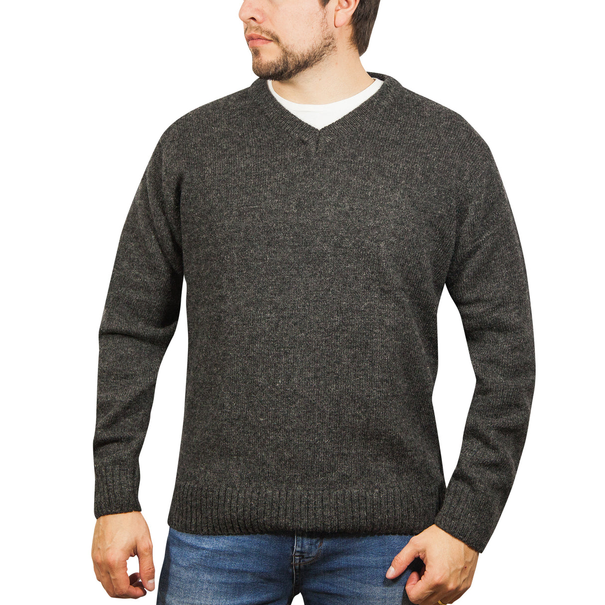 100% Shetland Ragg Wool V Neck Knit Jumper Pullover Mens Sweater Knitted - Charcoal
