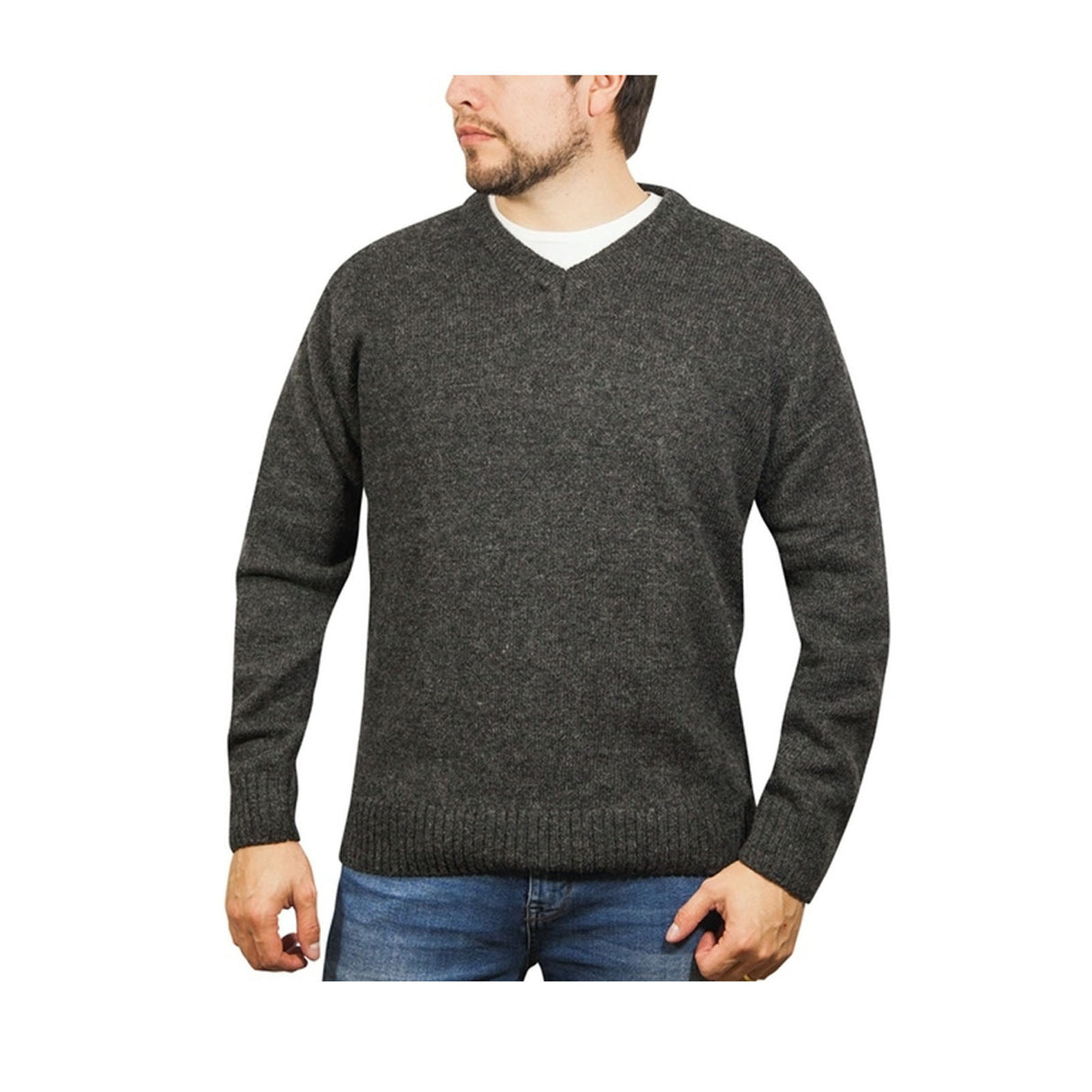 100% Shetland Ragg Wool V Neck Knit Jumper Pullover Mens Sweater Knitted - Charcoal