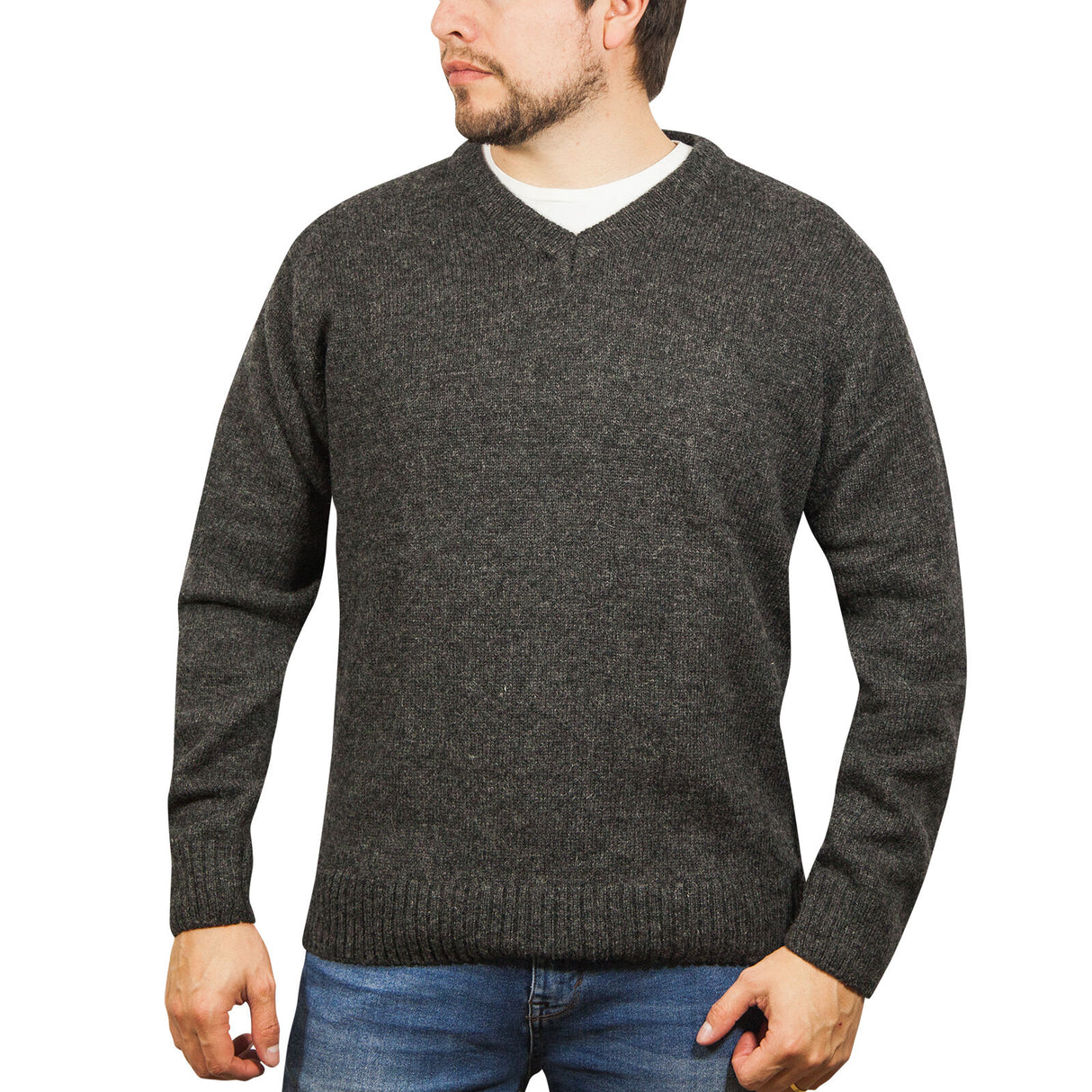 100% Shetland Ragg Wool V-Neck Jumper - Charcoal (Mens Knitted Sweater/Pullover)