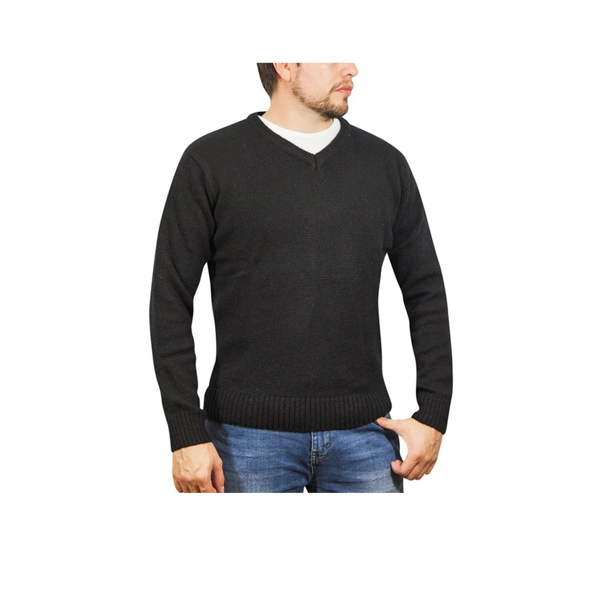 100% Shetland Ragg Wool V Neck Knit Jumper Pullover Mens Sweater Knitted - Plain Black