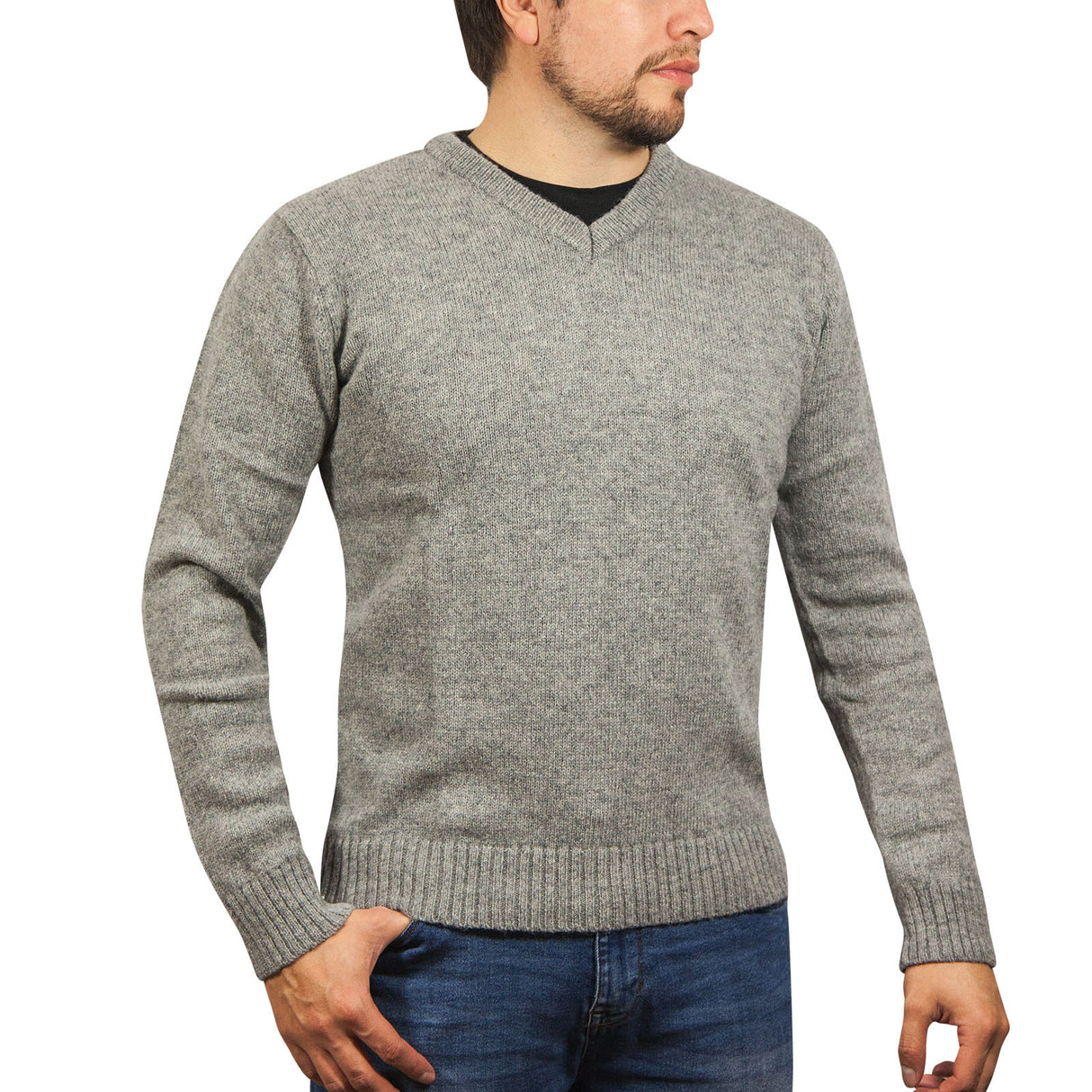 100% Shetland Ragg Wool V Neck Knit Jumper Pullover Mens Sweater Knitted - Grey