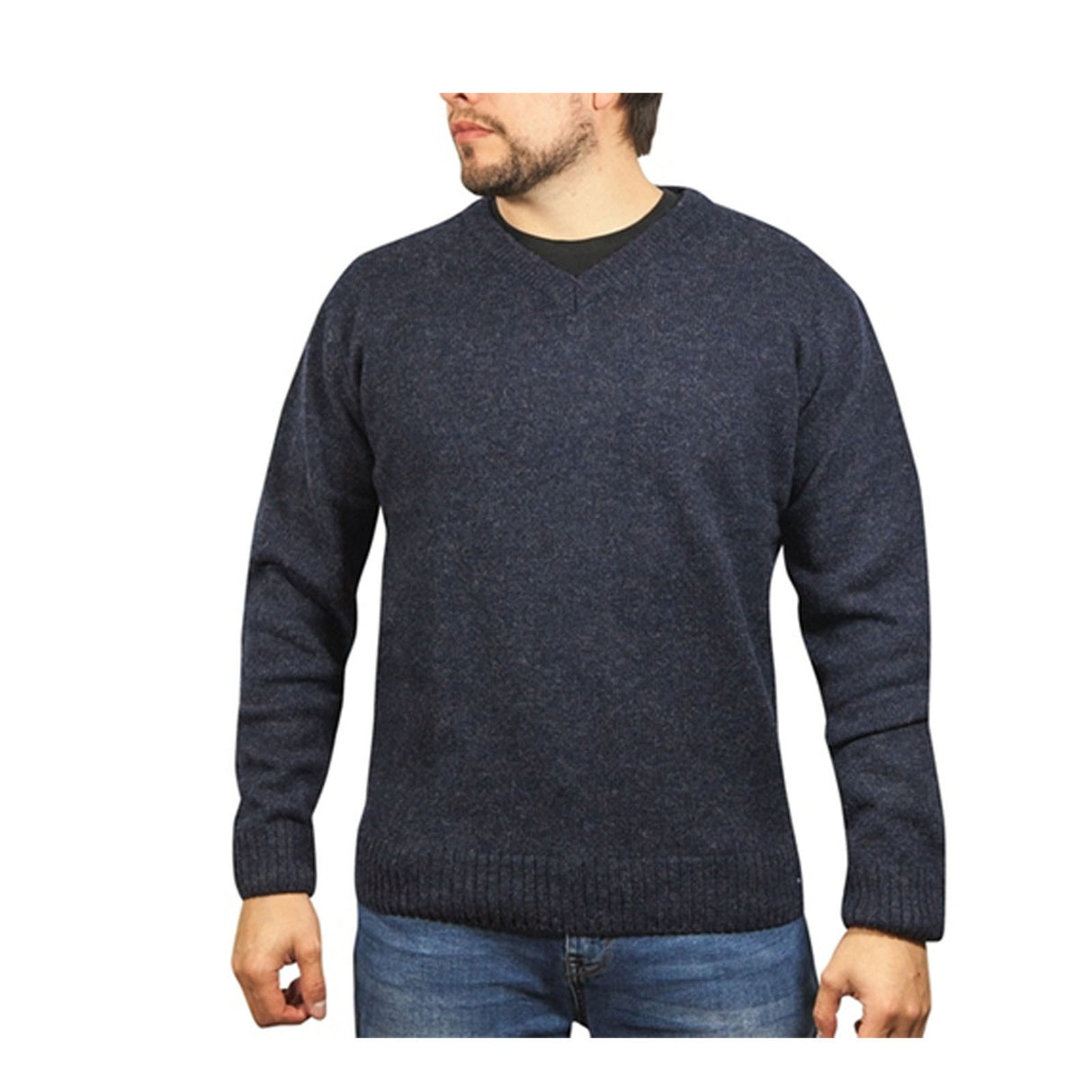 100% Shetland Ragg Wool V Neck Knit Jumper Pullover Mens Sweater Knitted - Navy