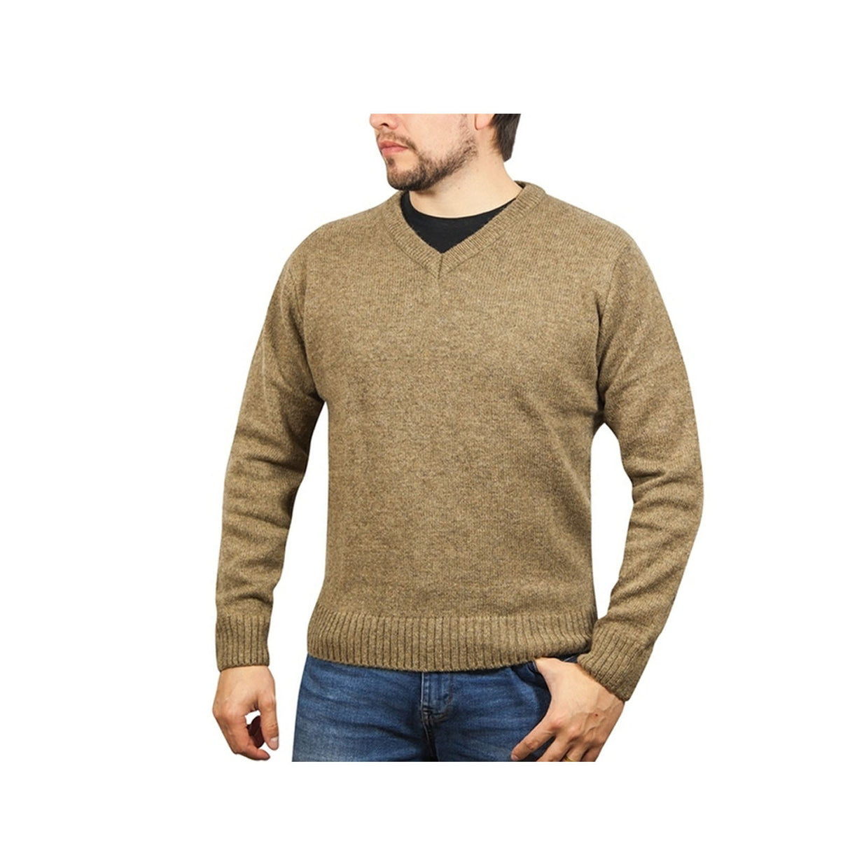 100% Shetland Ragg Wool V Neck Knit Jumper Pullover Mens Sweater Knitted - Nutmeg