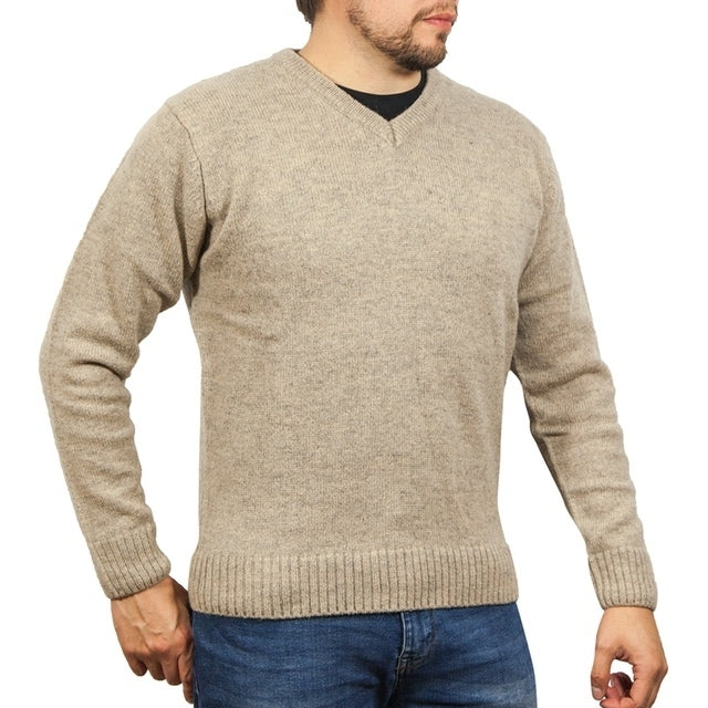 100% Shetland Ragg Wool V Neck Knit Jumper Pullover Mens Sweater Knitted - Oat Marle