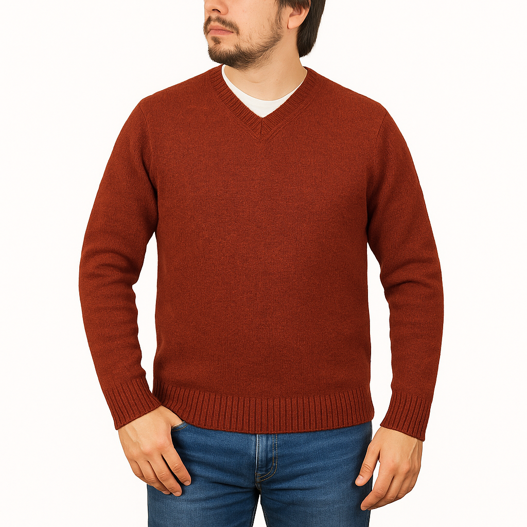100% Shetland Ragg Wool V Neck Knit Jumper Pullover Mens Sweater Knitted - Rust Size M