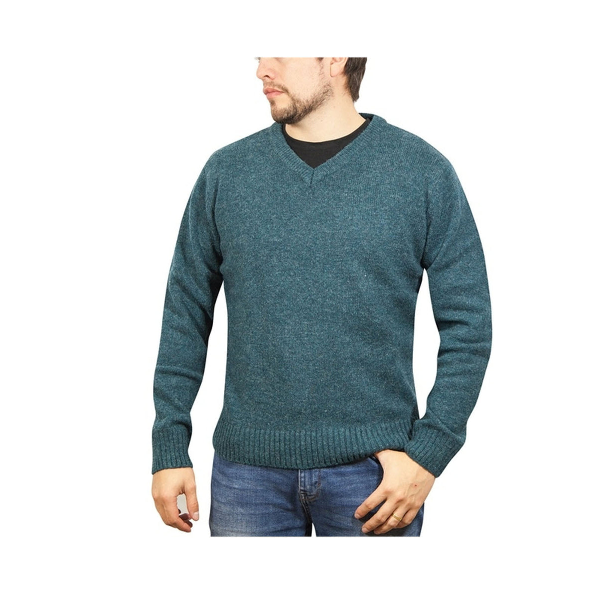 100% Shetland Ragg Wool V Neck Knit Jumper Pullover Mens Sweater Knitted - Sherwood
