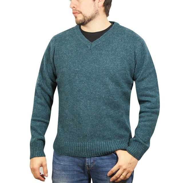 100% Shetland Ragg Wool V Neck Knit Jumper Pullover Mens Sweater Knitted - Sherwood