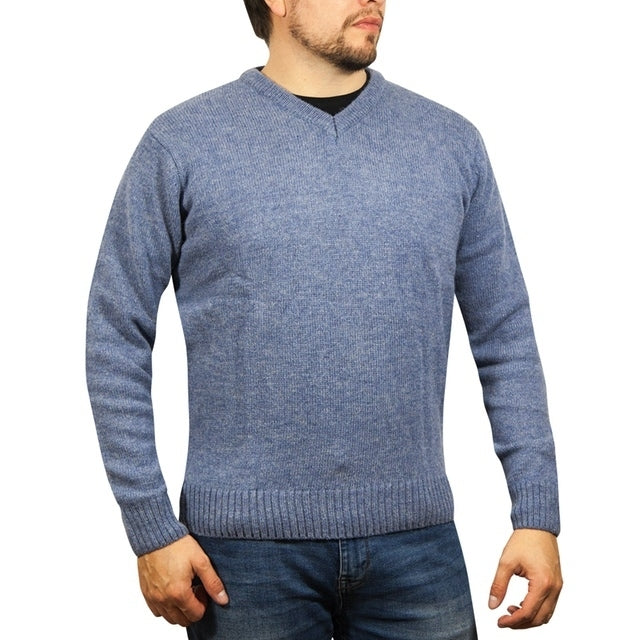 100% Shetland Ragg Wool V Neck Knit Jumper Pullover Mens Sweater Knitted - Sky
