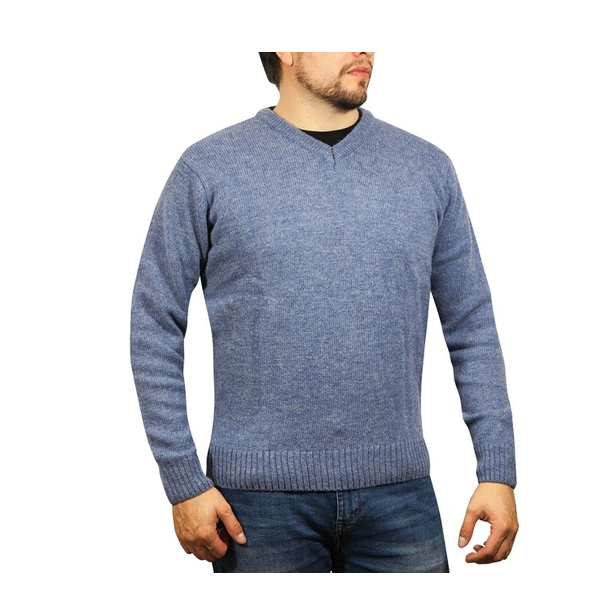 100% Shetland Ragg Wool V Neck Knit Jumper Pullover Mens Sweater Knitted - Sky