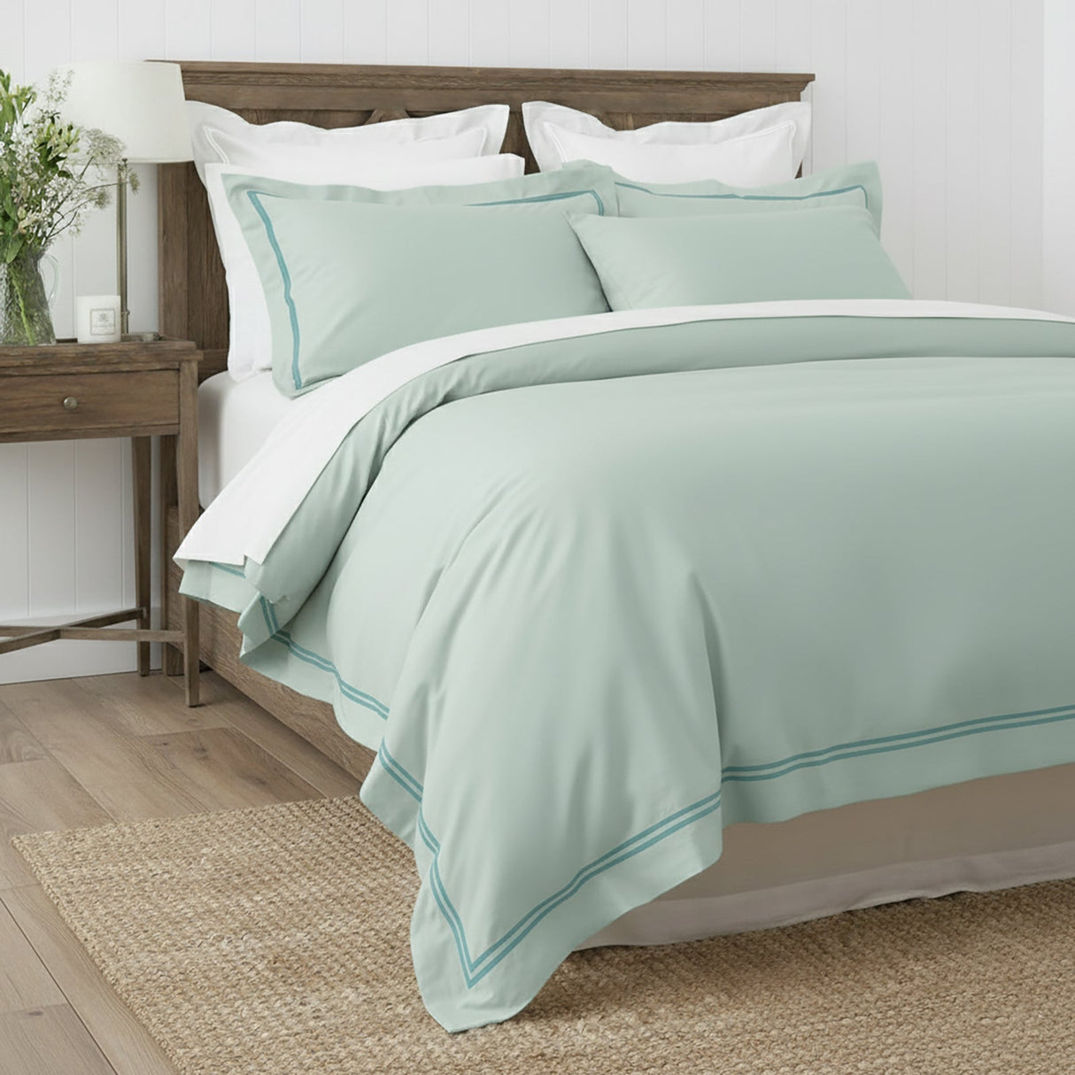 Renee Taylor Strada 1000TC Egyptian Cotton Quilt Cover Set - Spa (Embroidered Trim)