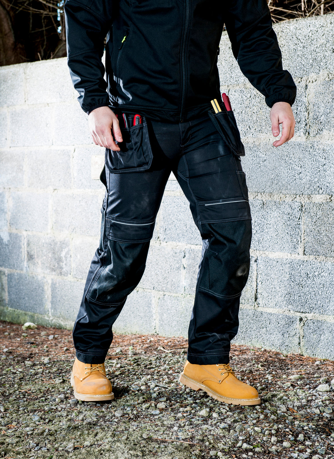 Tradies Cargo Pants Holster Work Trousers Pants w Free Kneepads Workwear Safety - Black