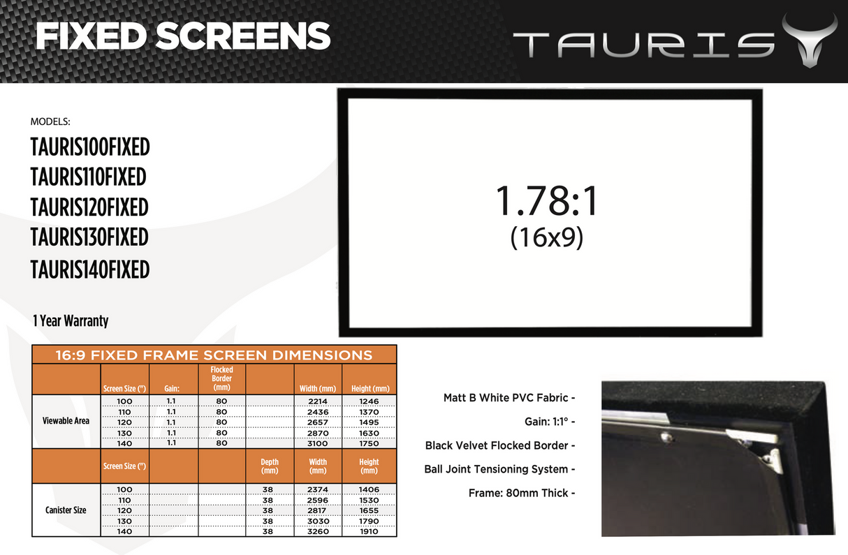 Tauris 110" Fixed Frame Projector Screen Theatre Projection Wall Mountable 16:9