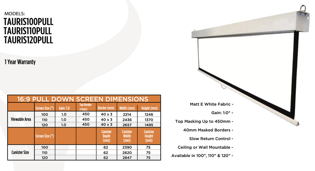 Tauris 110" Pull Down Projector Screen Theatre Projection Wall Mountable 16:9