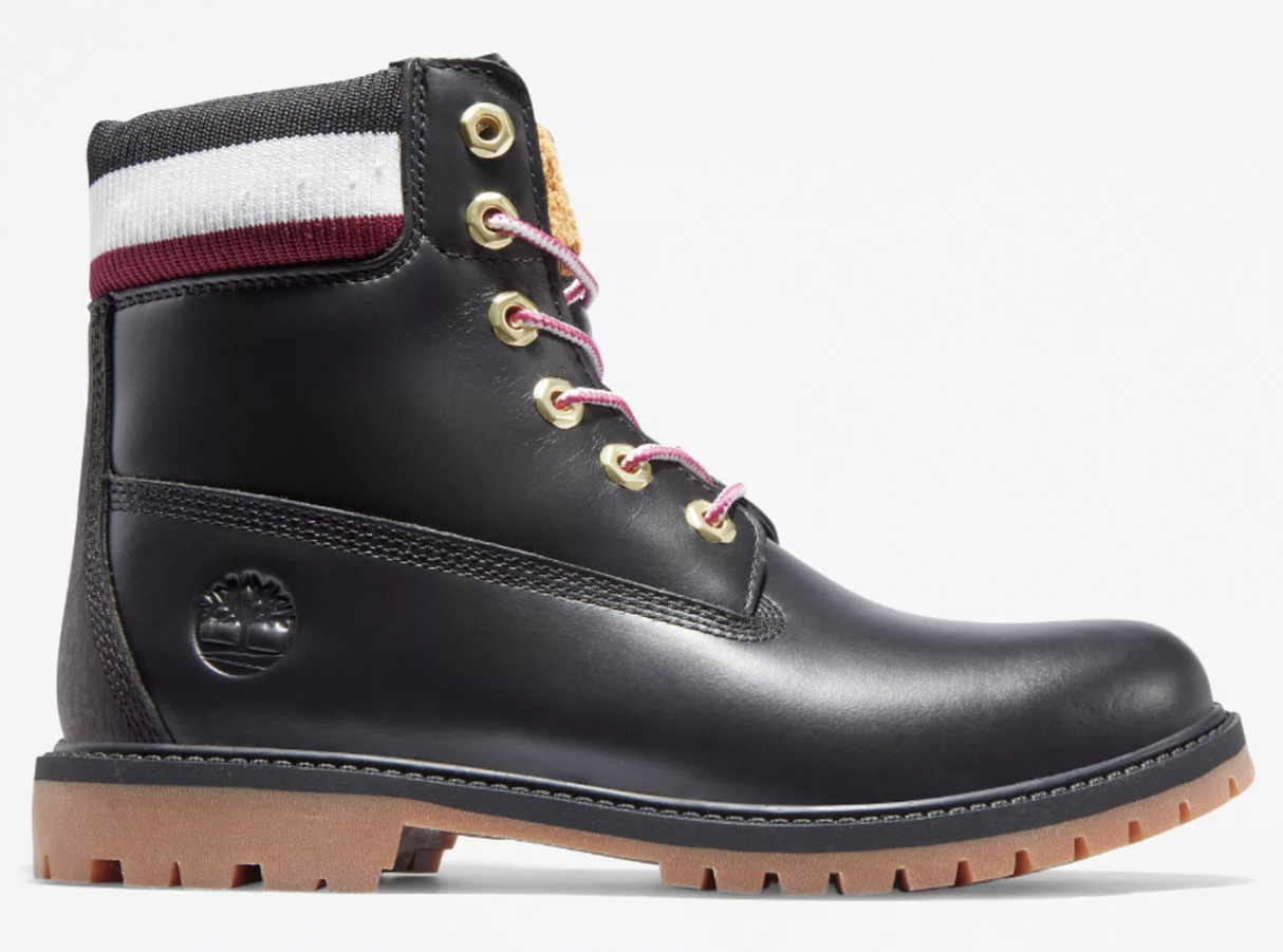 Timberland Womens Heritage 6 Inch Waterproof Winter Leather Boot - Black Fullgrain With Pink