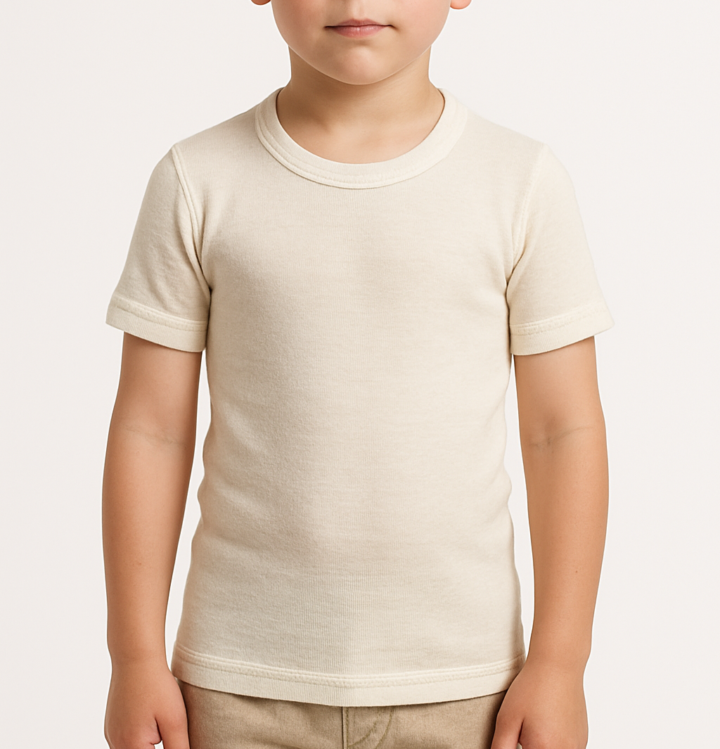 Thermo Fleece Childrens Merino Wool Blend Thermal Underwear Kids Short Sleeve Tee Top - Natural