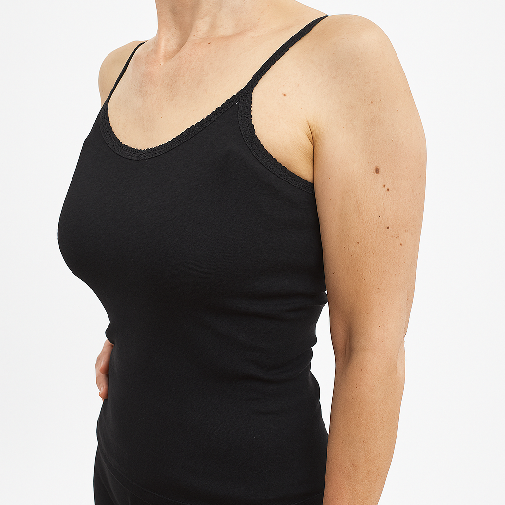 Thermo Fleece Ladies Pure Wool Black Camisole w Lace - Thermal Top Singlet