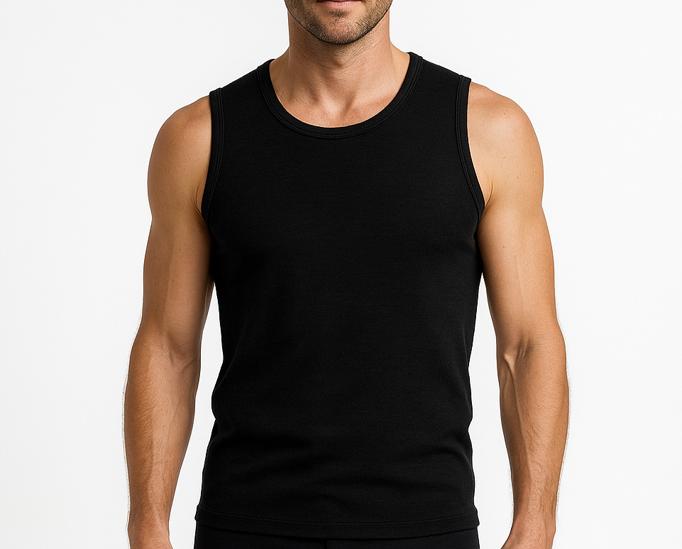 Thermo Fleece Mens 100% Merino Wool Singlet - Black (Thermal Underwear)
