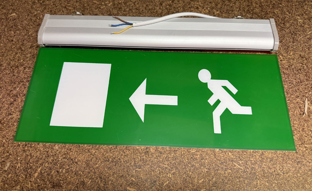 Slimline Left Arrow Running Man Emergency Exit Sign - Light LED Ceiling Mount (Double Sided)
