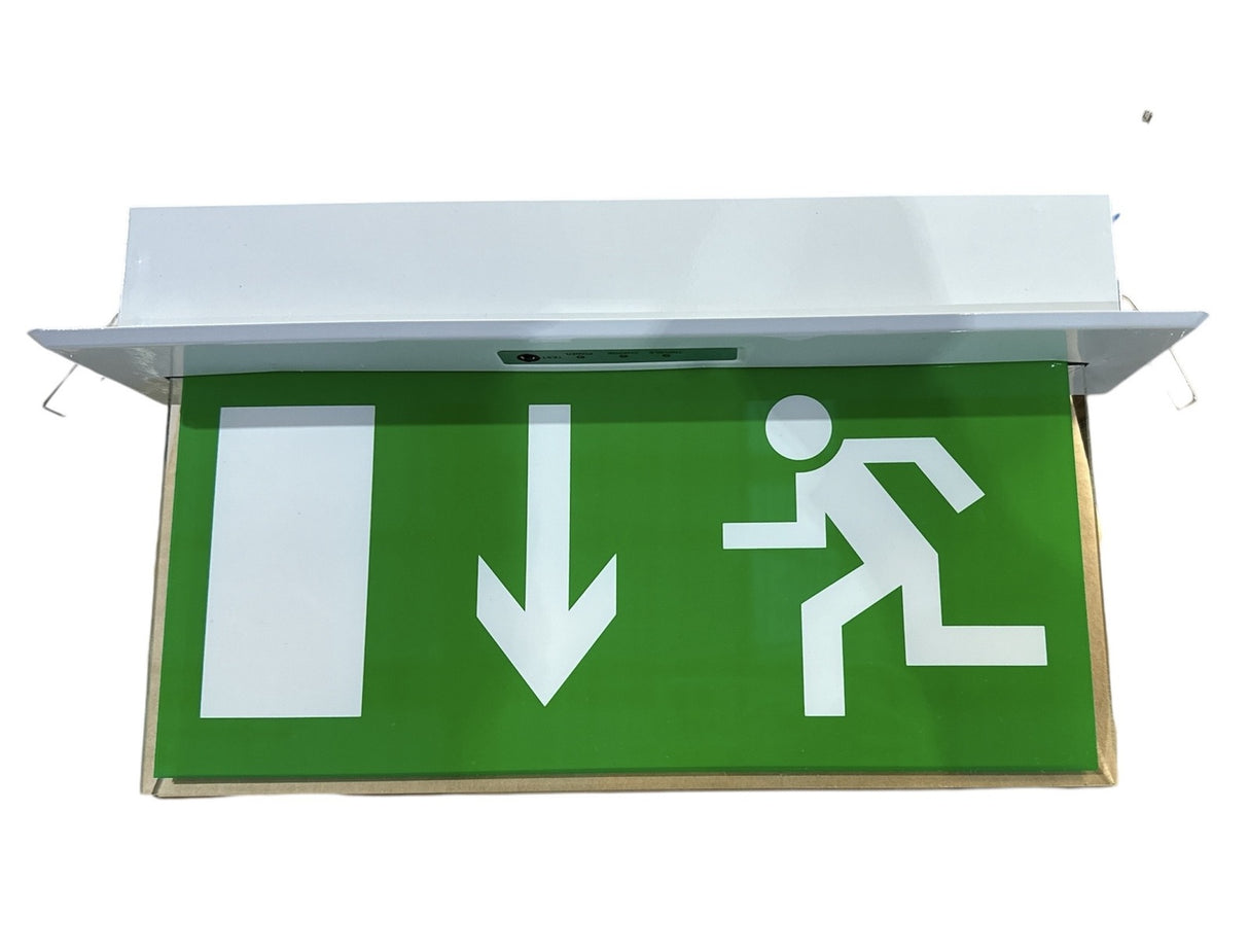 Slimline Down Arrow Running Man Emergency Exit Sign - Light LED Ceiling Mount (Double Sided)