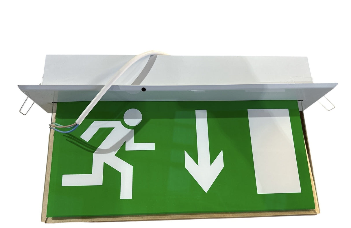 Slimline Down Arrow Running Man Emergency Exit Sign - Light LED Ceiling Mount (Double Sided)