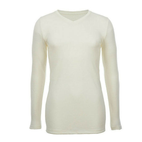 Mens 100% Pure Merino Wool V-Neck Long Sleeve Top T Shirt Thermal Underwear - Natural