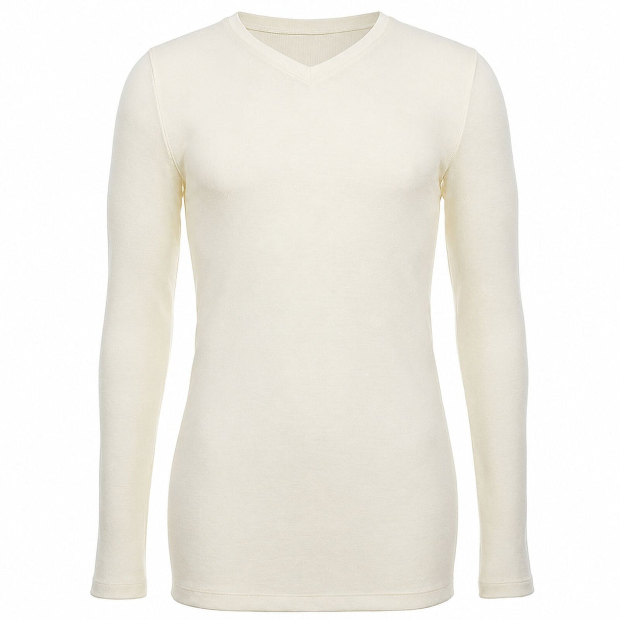 Thermo Fleece Mens 100% Merino Wool Thermal V-Neck Long Sleeve Top - Natural