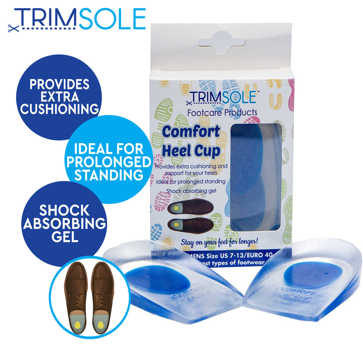 TRIMSOLE Mens Comfort Heel Cup Silicone Gel Pad Cushion Insoles Inserts (1 Pair)