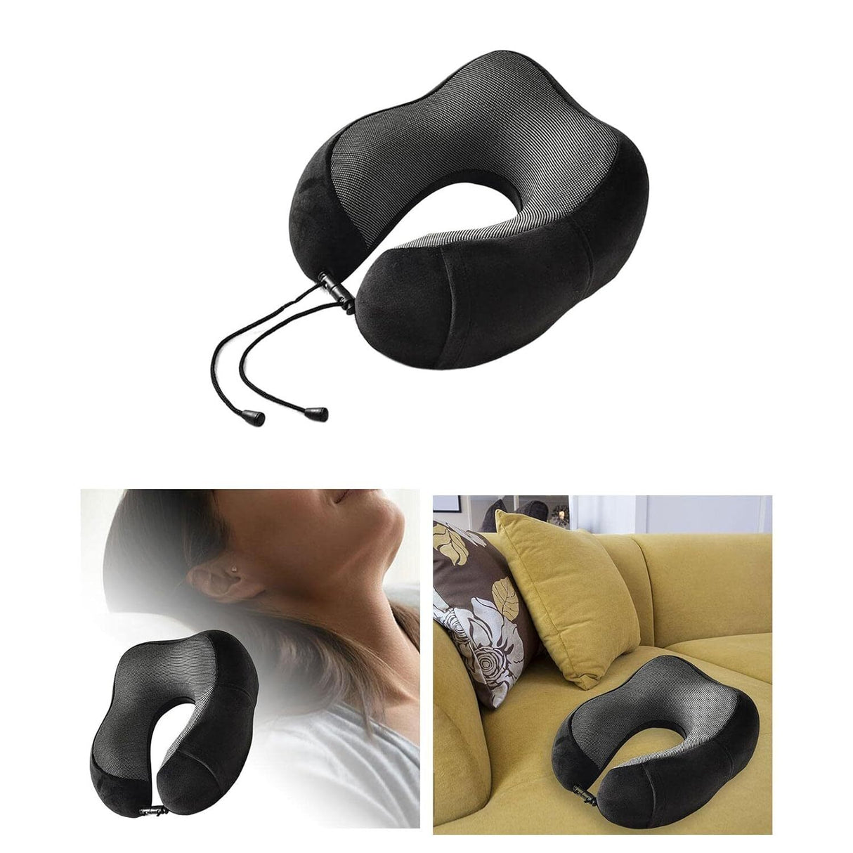 Velvet Memory Foam Neck Pillow Breathable for Travel Soft U Shaped Safety - Black