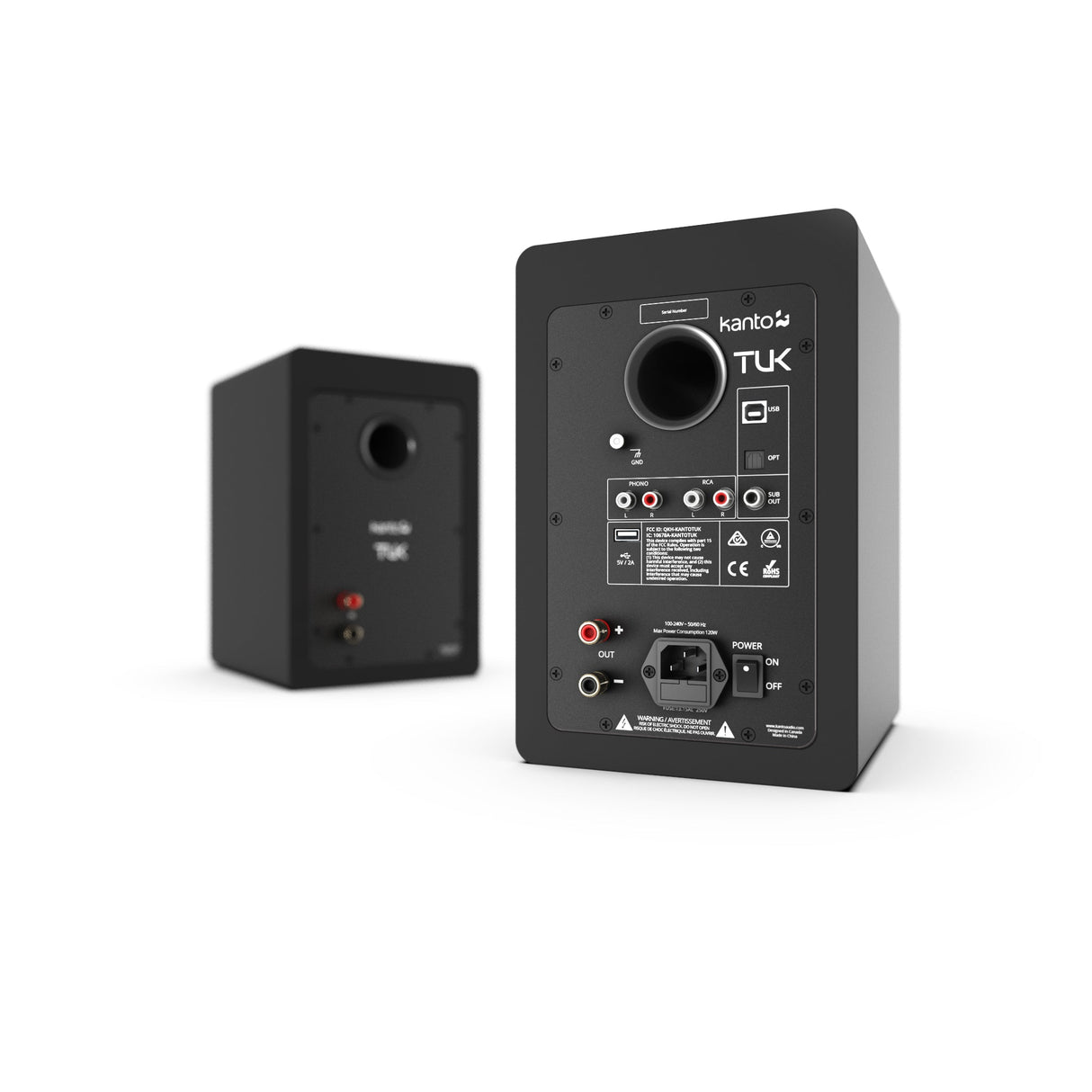 Kanto TUK 260W Matte Black Powered Bookshelf Speakers with Headphone Out, USB Input, Dedicated Phono Pre-amp, Bluetooth - Pair