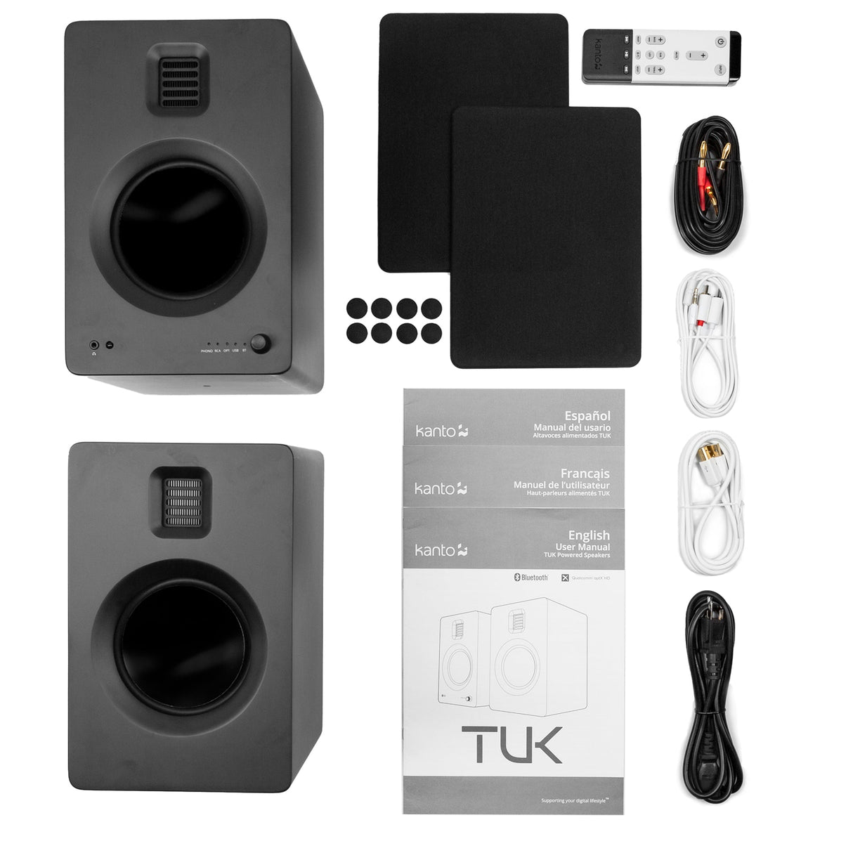 Kanto TUK 260W Matte Black Powered Bookshelf Speakers with Headphone Out, USB Input, Dedicated Phono Pre-amp, Bluetooth - Pair
