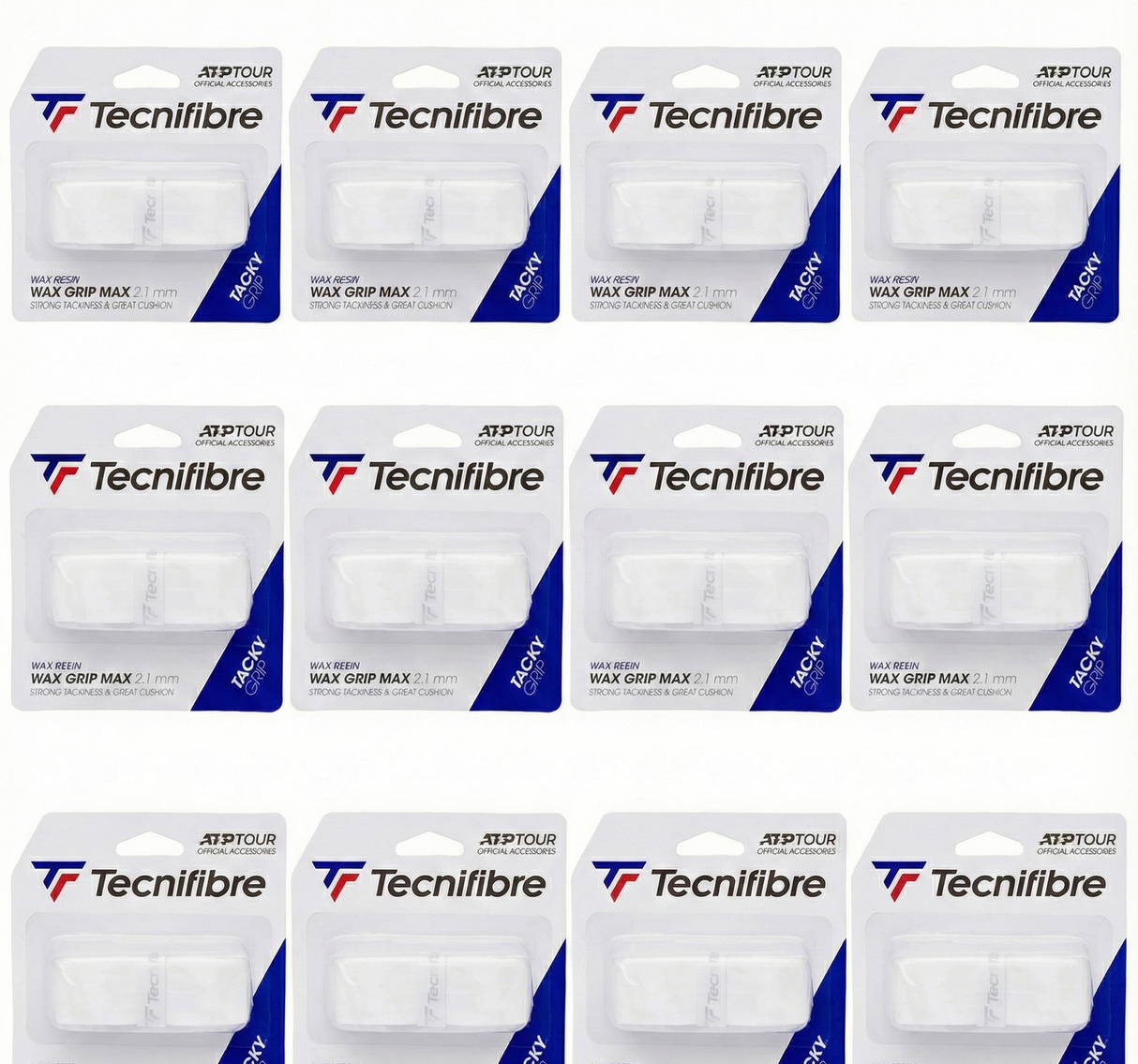 12x Tecnifibre Wax Tennis Grip Max Tacky Grip 2.1mm - Strong Tackiness in White