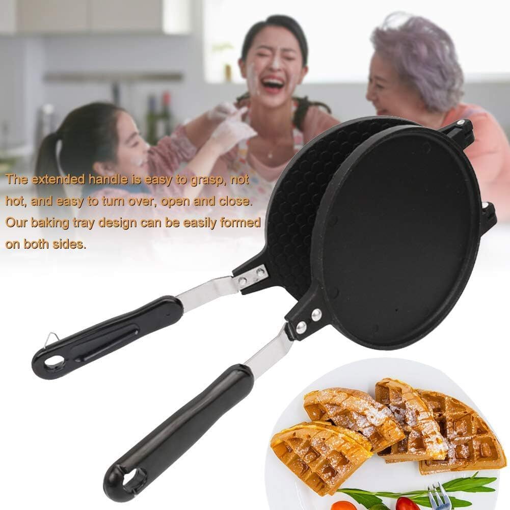 18cm Non-Stick Cast Aluminium Waffle Maker Snacks Pancake Cake Breakfast Making - Black