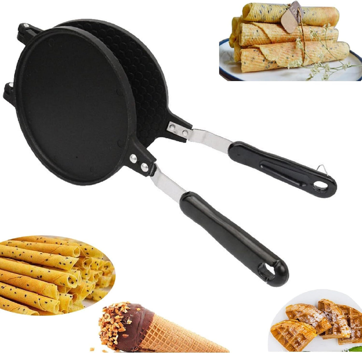 18cm Non-Stick Cast Aluminium Waffle Maker Snacks Pancake Cake Breakfast Making - Black