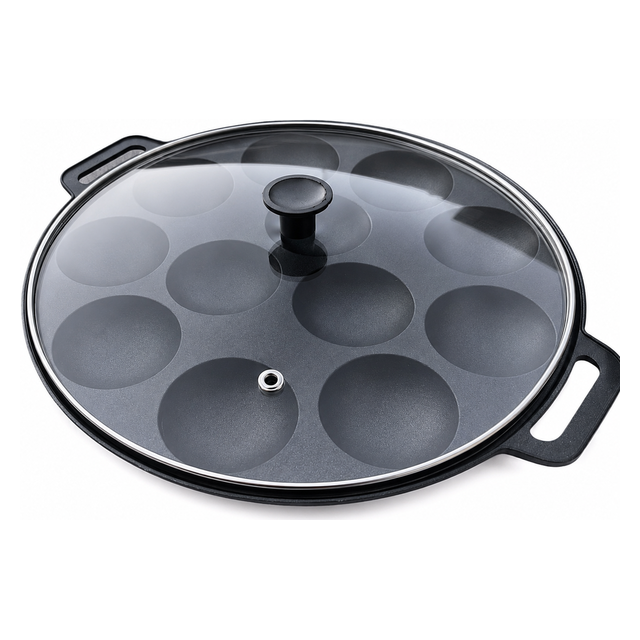 1x Dutch Poffertjes 12 Dimple Cast Aluminium Mini Pancake Pan w/ Handles & Lid (Pack)
